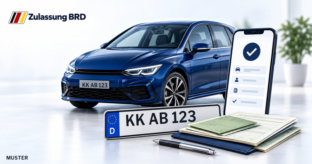 Online Fahrzeugzulassung in Brüggen: Musterkennzeichen KK AB 123, Auto und Fahrzeugpapiere und Smartphone. Illustration mit Logo von Zulassung BRD.